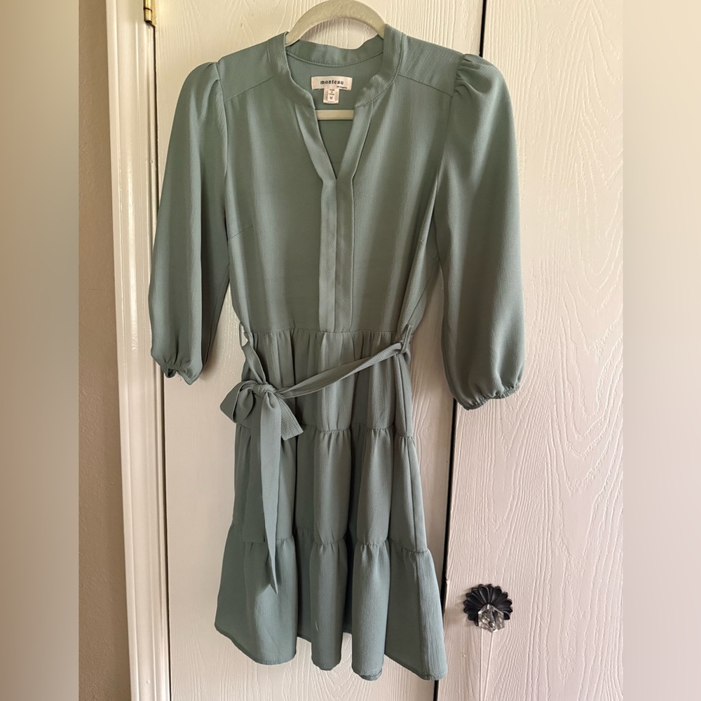 Monteau Sage Green Tiered Mini Dress with Tie Waist